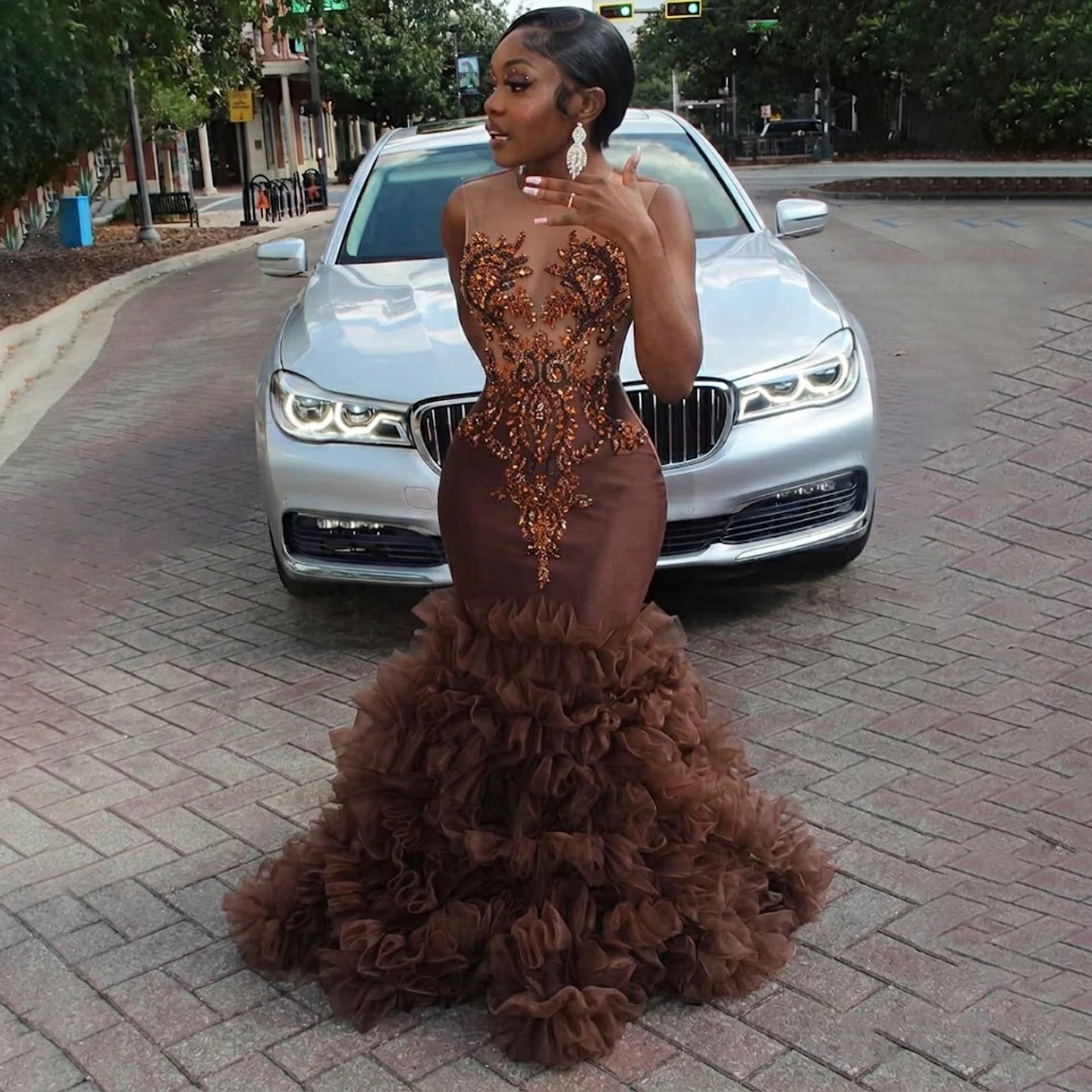 

Radia May Customized Brown Mermaid Prom Dresses Long Sheer Top Appliques Beaded Formal Party Gowns for Black Girls BP040