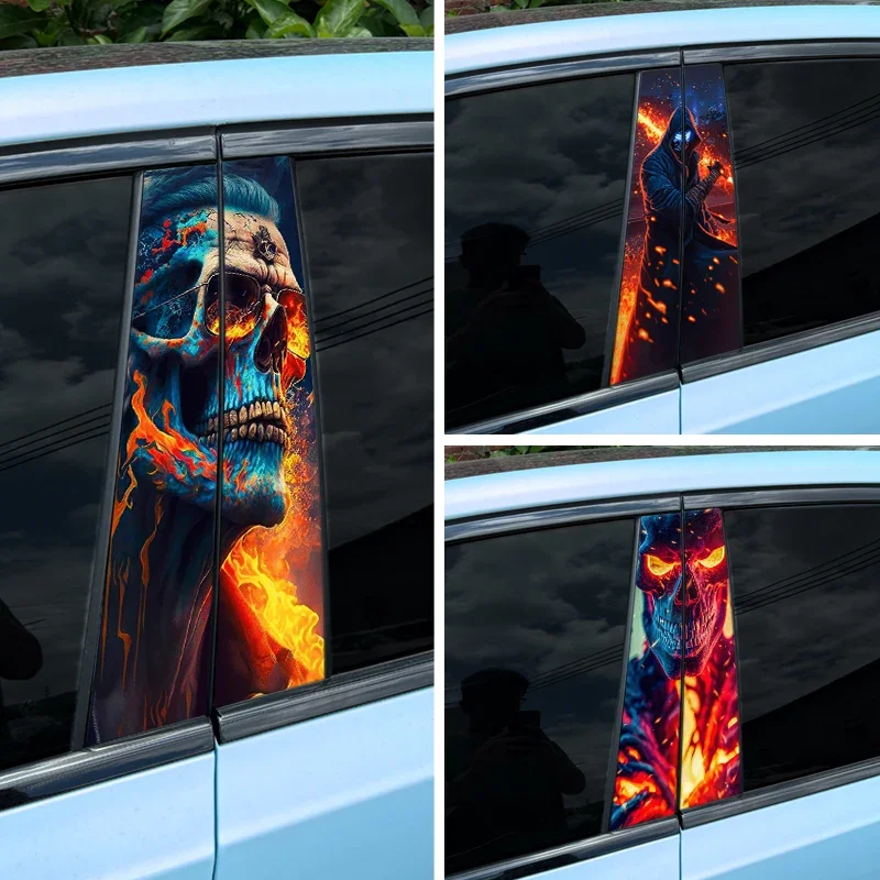 

1pc/2pcs Fire Skull Car Stickers Auto B Pillar Waterproof Decoration Cover Scratches DIY Car Doors Pillar Sunscreen Vinyl Decals