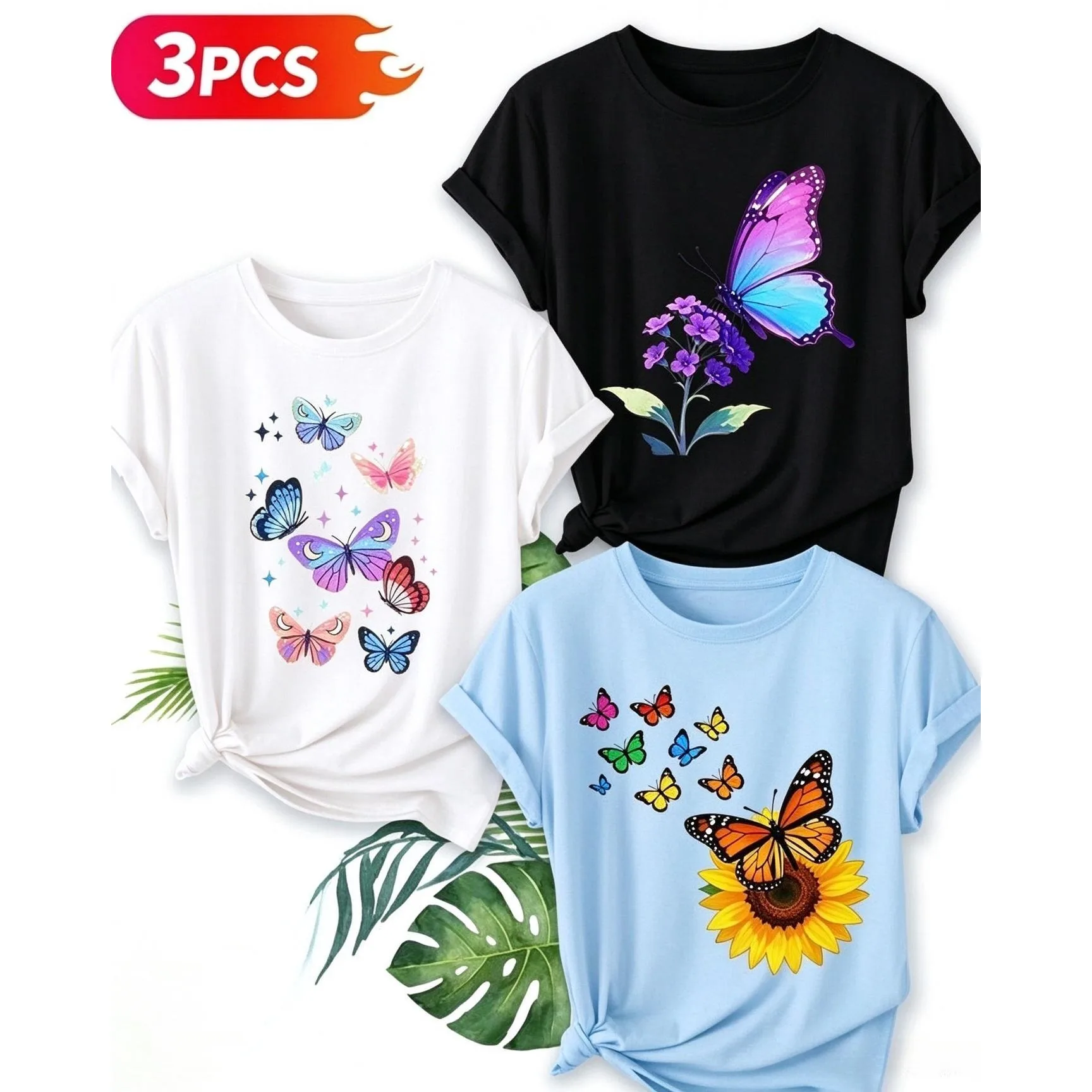 3 Pack Butterfly Shirts Women Colorful Floral Print Tee Sunflower Butterfly Graphic T Shirts Multi Pack Casual Short Sleeve Tops