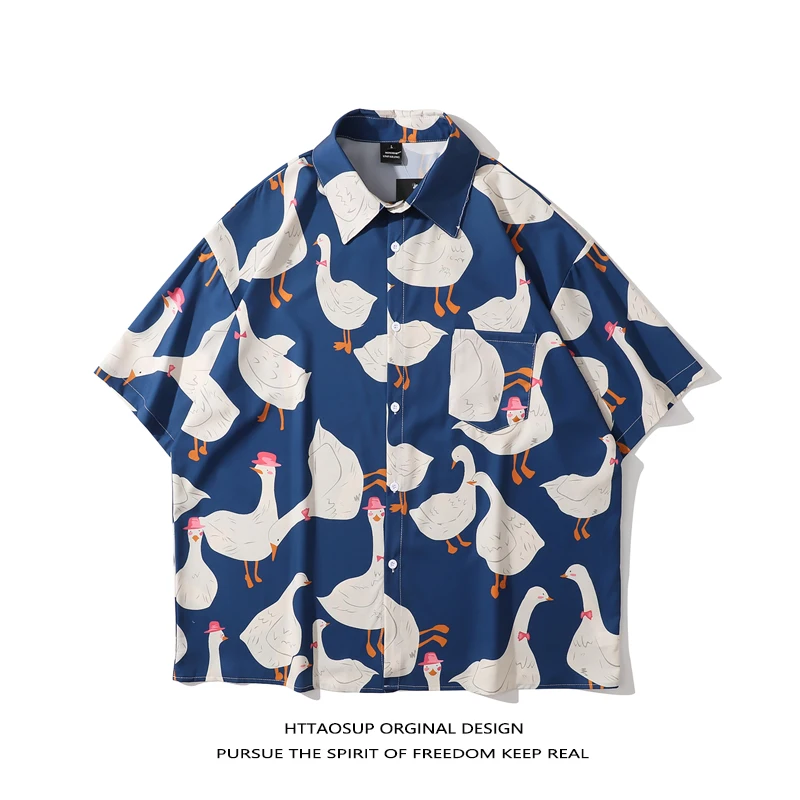 

HTTAOSUP Lazy Duck Couple Short Sleeve Shirt Casual Oil Painting Print Summer Leisure Loose Fit Youthful Trend Soft Sheen