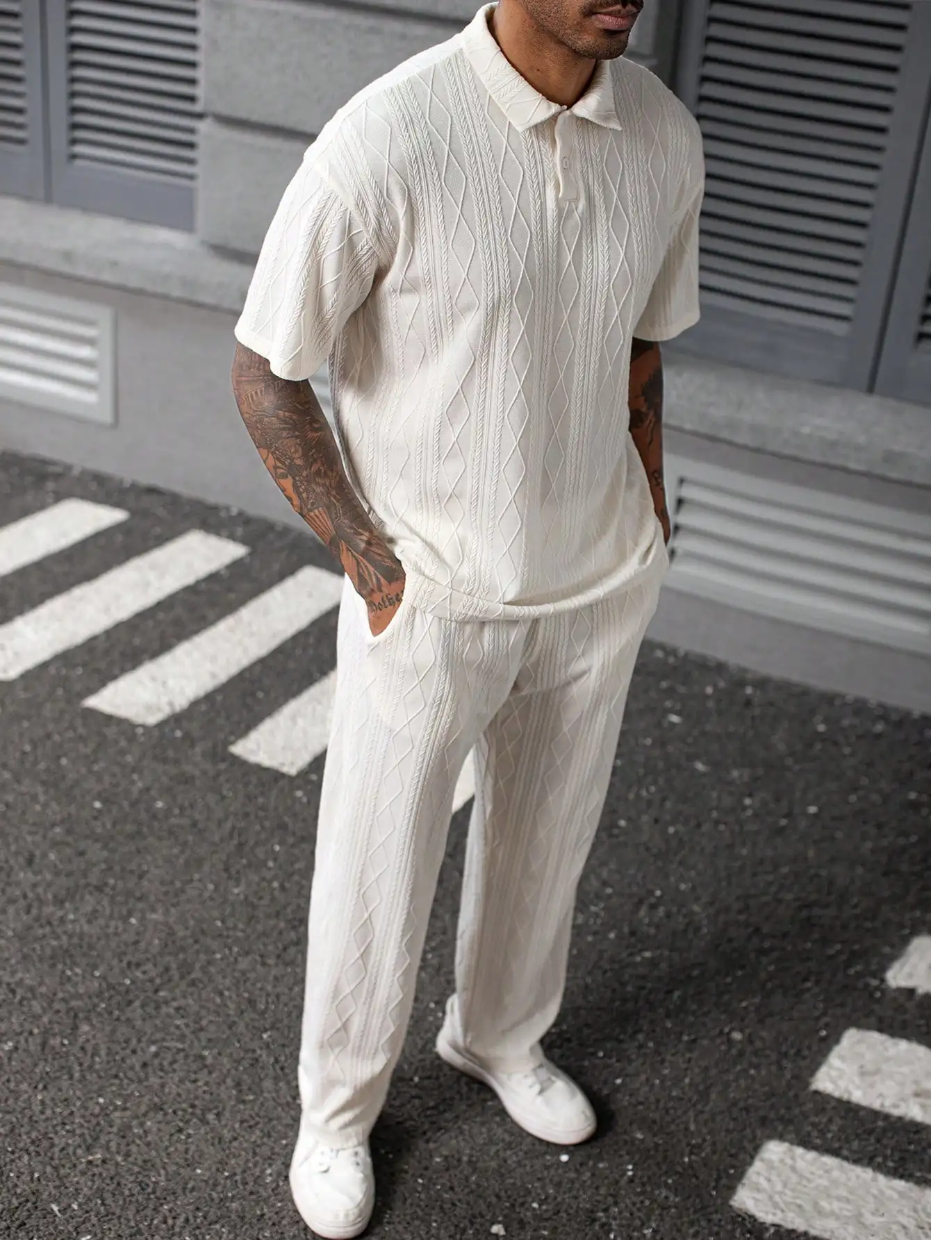 

Men's Knitted Texture Solid Off-White Polo Shirt and Matching Pants Set