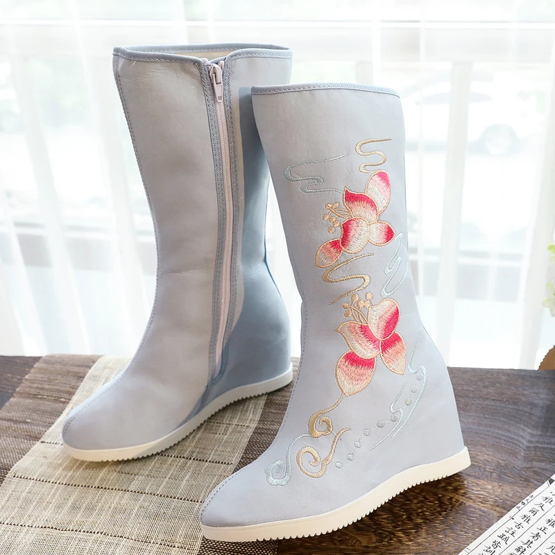 

Embroidery Mid-Calf Boots Chinese Traditional Hanfu Shoes Hidden Heels Wedge Round Toe Wedding Ancient Women Oriental 34-41