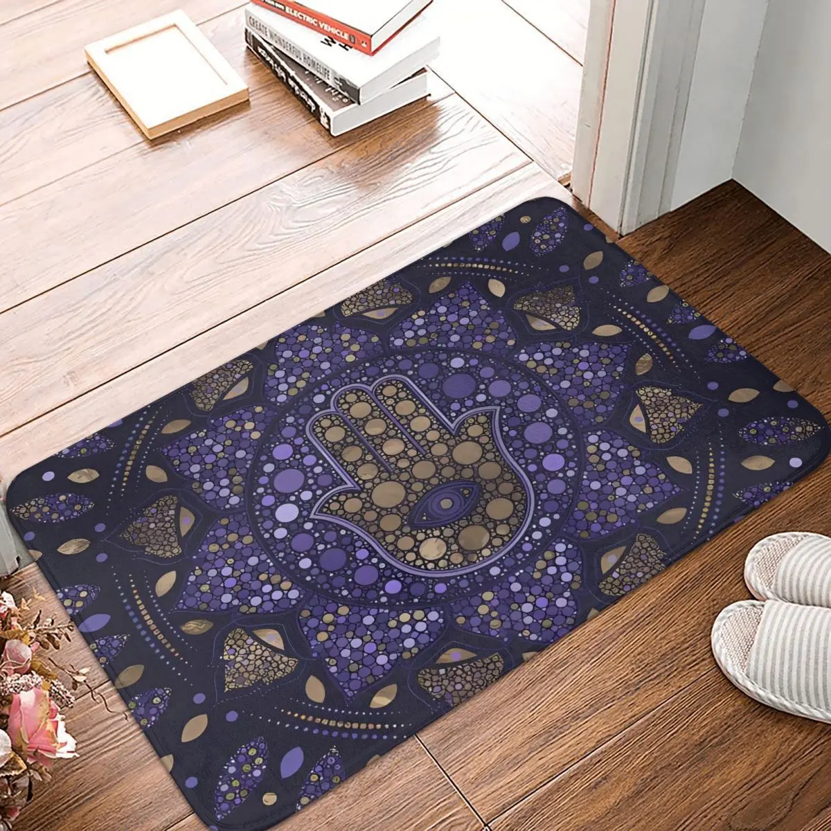 Bath Mat Kitchen Shower Door Hamesh Hamsa Hand Peace Foot Mat Mystery Purple Toilet Mat Quick Dry Anti Slip Pattern Bathroom Rug