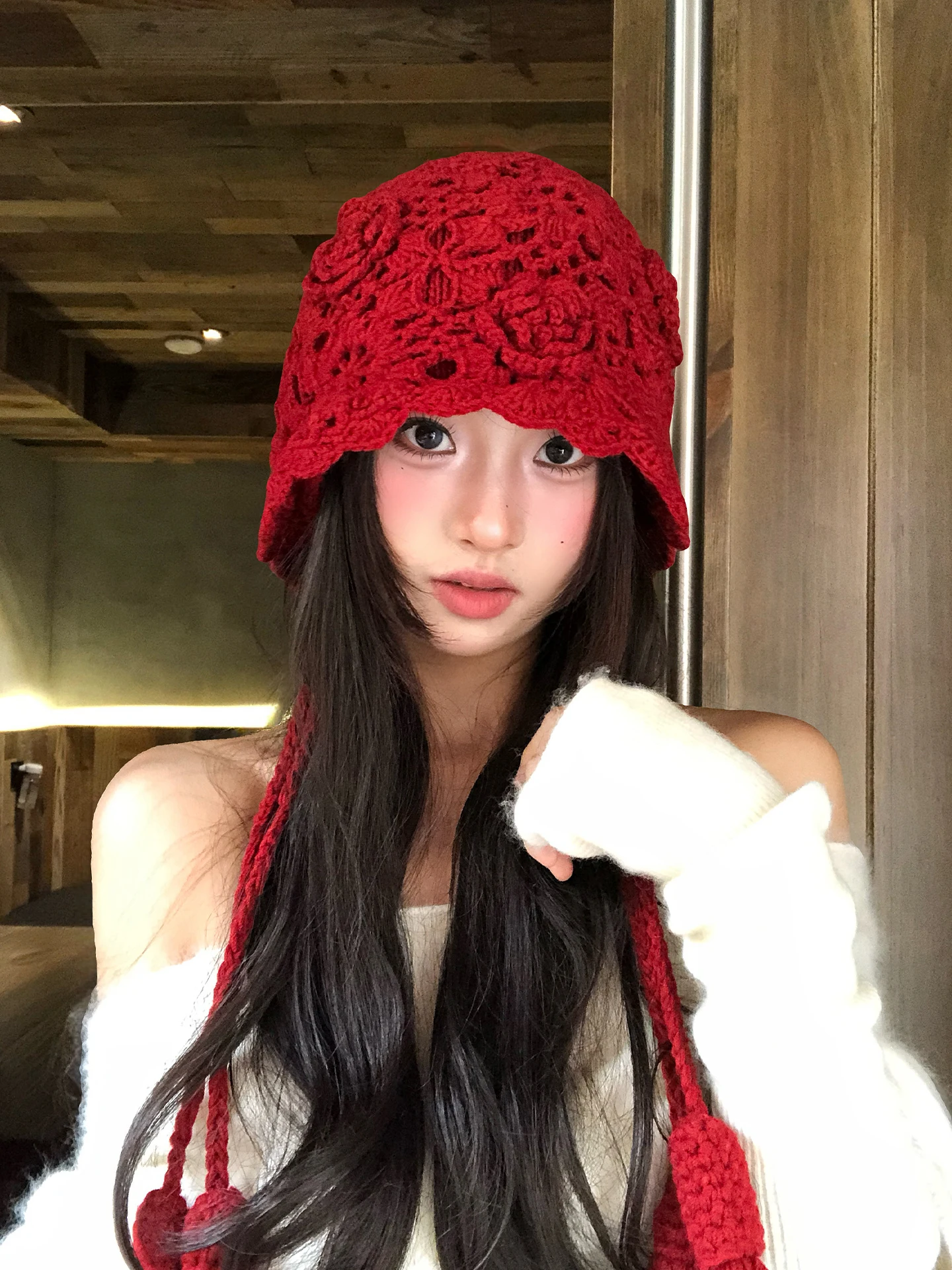 Women's Knitted Floral Hollow out Turtleneck Hat Ethnic Style Vintage New 2026 Large Size Winter Cap Versatile Overhead Hat