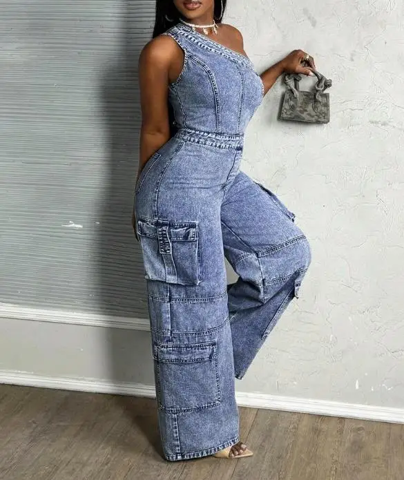 بدلة قفز ذات ياقة مائلة وكتف واحد بتصميم عالي الخصر وسحاب جانبي مستقيم الساق للنساء بذلة عالية الشارع العصرية #3