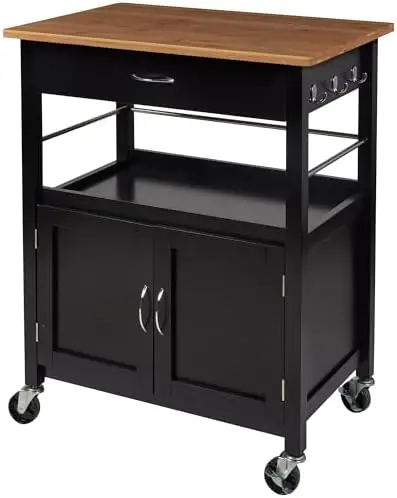 Kitchen Island Cart on Wheels, Black Base, Natural Bamboo Top | Drawer, Storage Cabinet, Shelf, Butcher Block