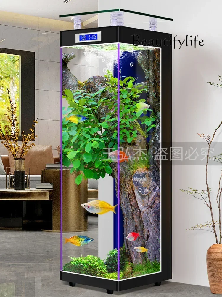 TV Cabinet Fish Tank Living Room Floor Ecological Change Water New Super White Glass Aquarium Home