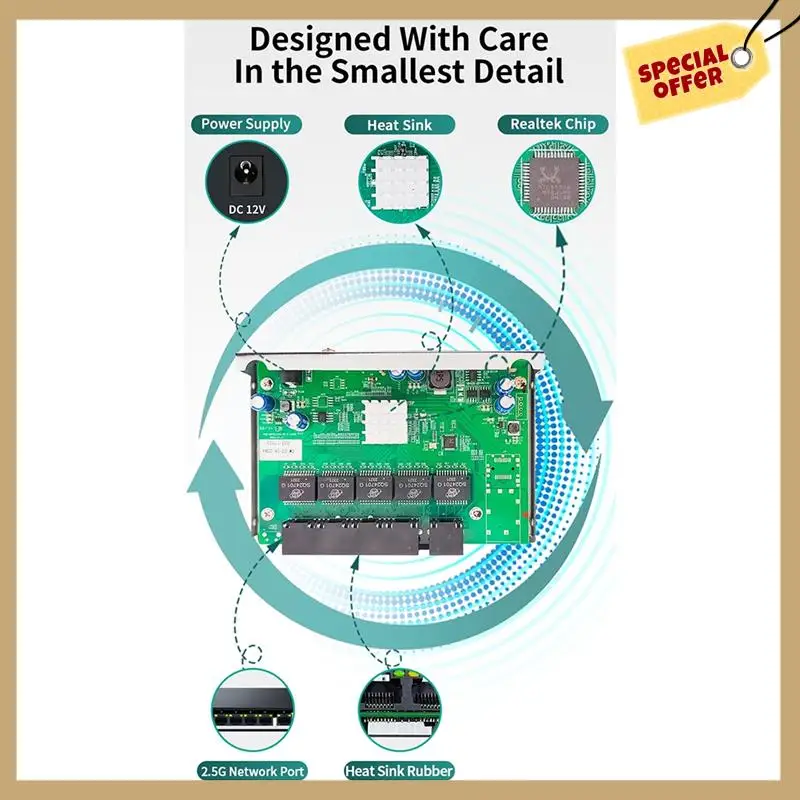 

Stable Performance-2.5Gbe Ethernet Switch 5 Port 2.5G Network Switch Fanless Small Home Lab Setup Switch Unmanaged Plug And Play