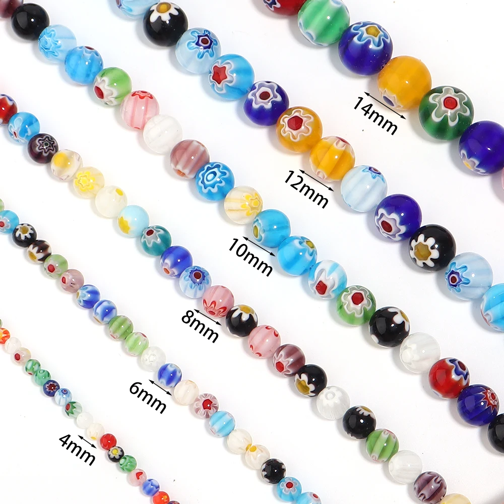 4/6/8/10/12/14mm Colorful Flower Lampwork Beads Round Loose Glass Beads For Jewelry Making DIY Necklace Bracelets Accessories
