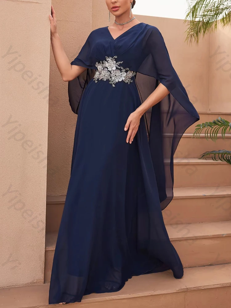 Customized V-Neck Long Cloak Sleeves Embroidered Evening Dresses Elegant Celebrity Dress Exquisite High Quality Prom Party Gowns