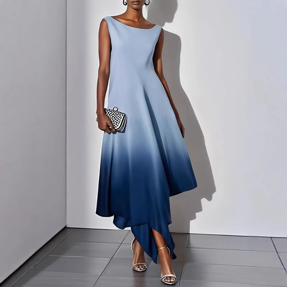 

Elegant Women Gradient Color Evening Dress Sleeveless Crew Neck Irregular Hem Flowy Maxi Dress Formal Party Prom Satin Dresses