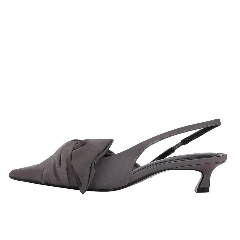 

Элегантные серые дизайнерские туфли-лодочки на каблуке с острым носком, женские модельные сандалии с открытой спиной и бантом, женская удобная офисная официальная обувь