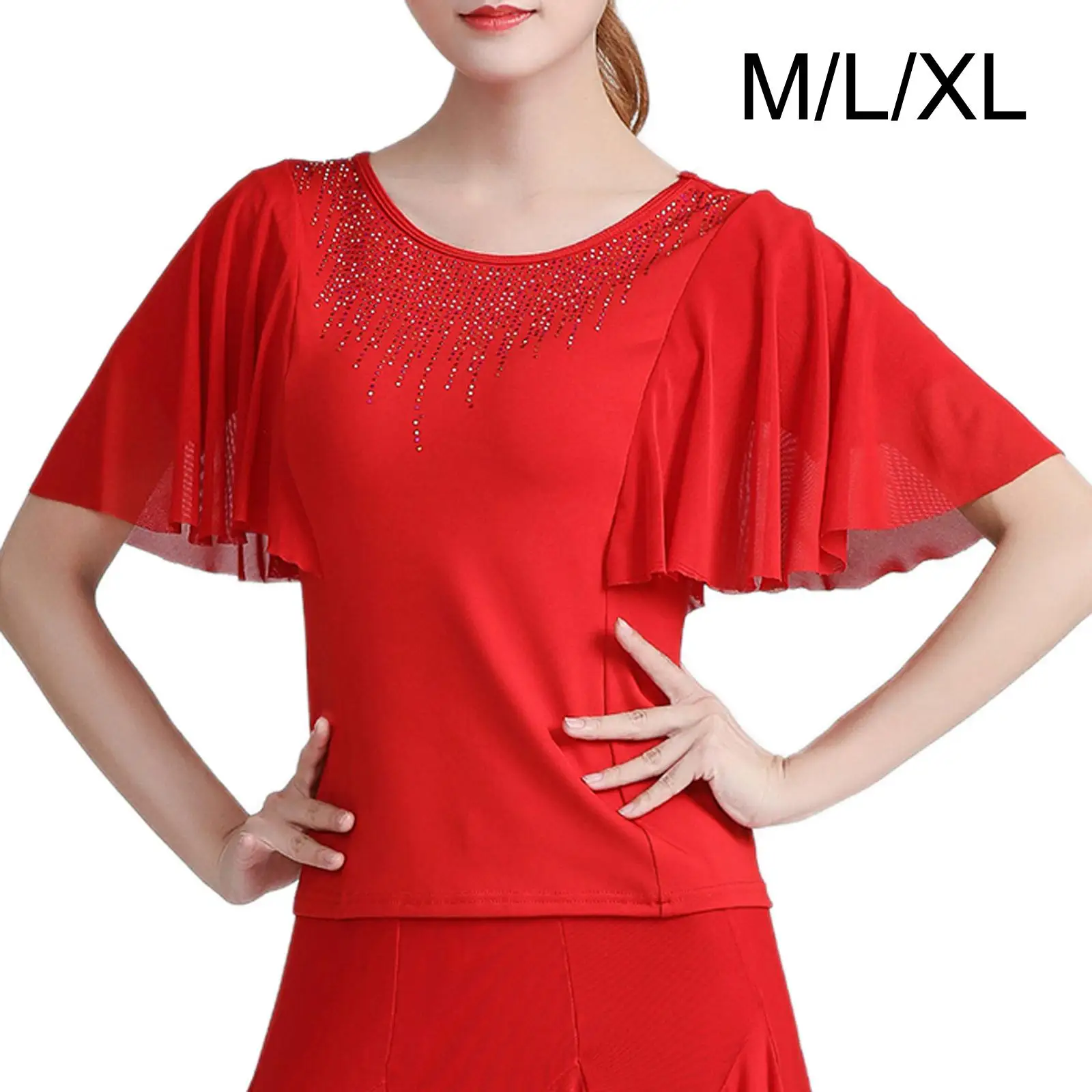 Top de baile de salón para mujer, Blusa de manga corta con mangas de campana, escote de diamantes de imitación para Rumba, Tango, Cha, vals Latino