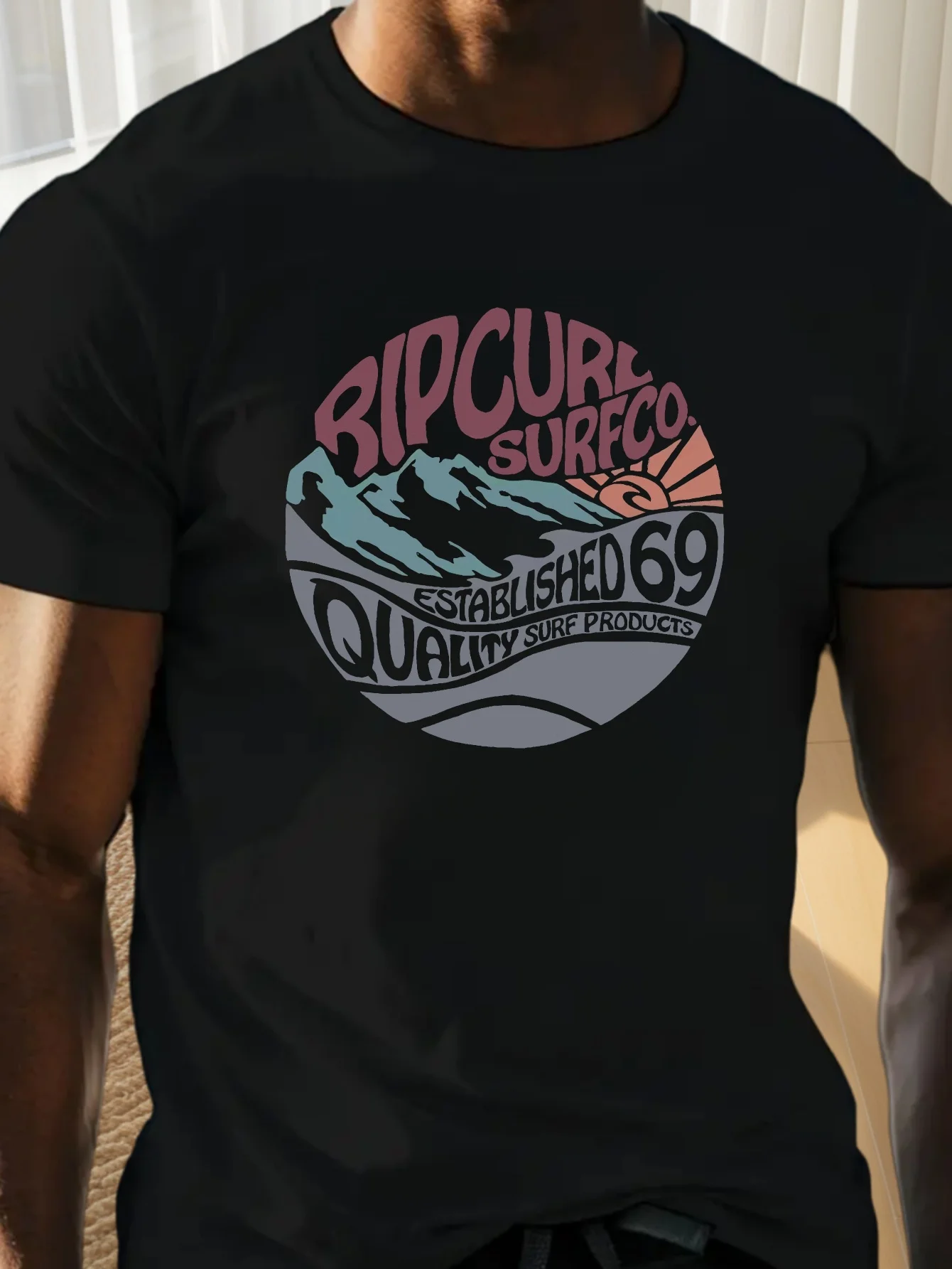 

Mountain Crinkle Large Men's T-shirt White RipCure Surfco Pattern Print Geometric Wave Design Lightweight Summer Short Sleeve