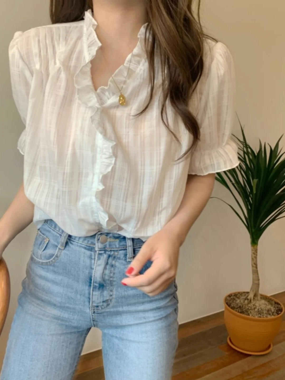 Chic V-Ne Bubble Sve Chiffon irt Women's Versatile Sweet Fairy Top Summer Faion Korean Sle Loose Fit ort Sve