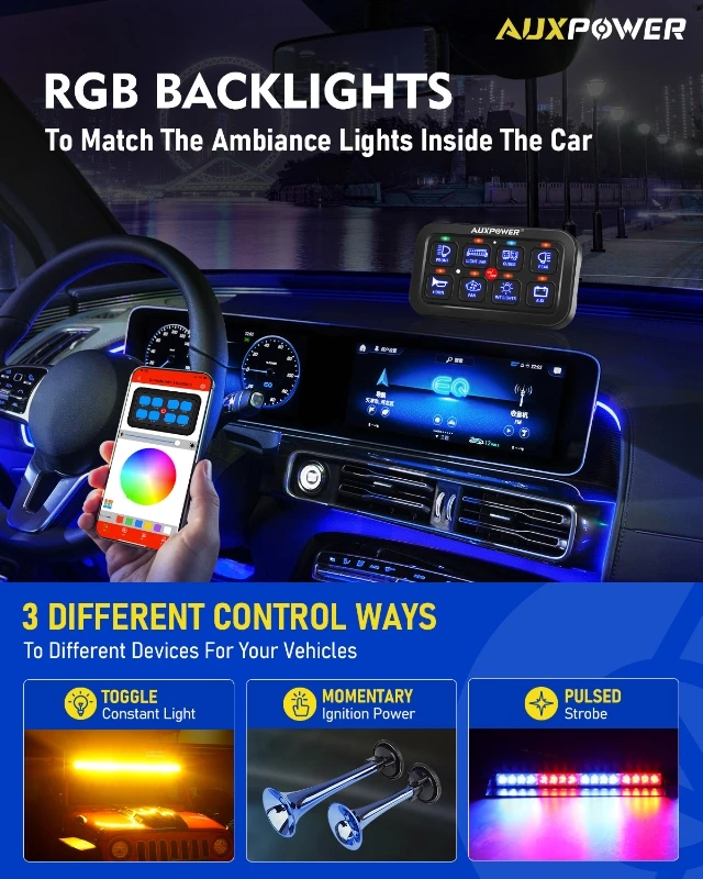 لوحة تبديل AUXPOWER RGB 8 Gang 12V 24V تبديل/لحظة/نبضية مدعومة مع التحكم في التطبيق (مخرج من جانب واحد) #3