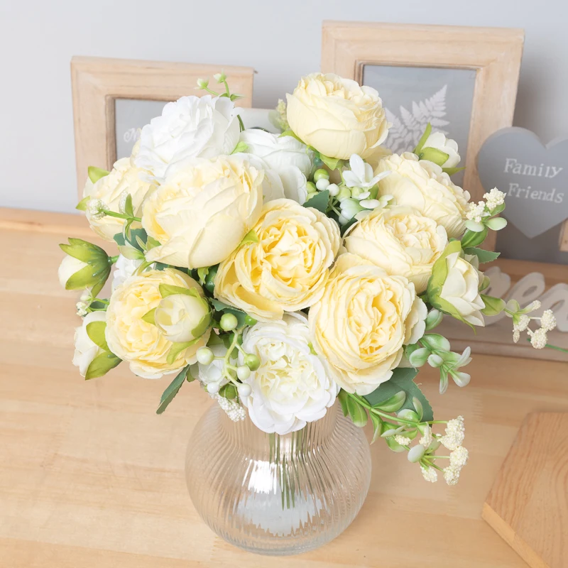 Kahaul Rose Peony Artificial Silk Flowers Small White Bouquet Vases For Garden Wedding Home Party Room DIY Decoration Fake Plant