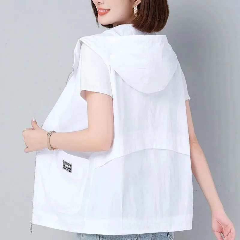 Women Hooded Sun-Proof Vest 2026 New Spring Summer Casual Sleeveless Female Thin Waistcoat Short Jackets Ladies Tops Outerwear