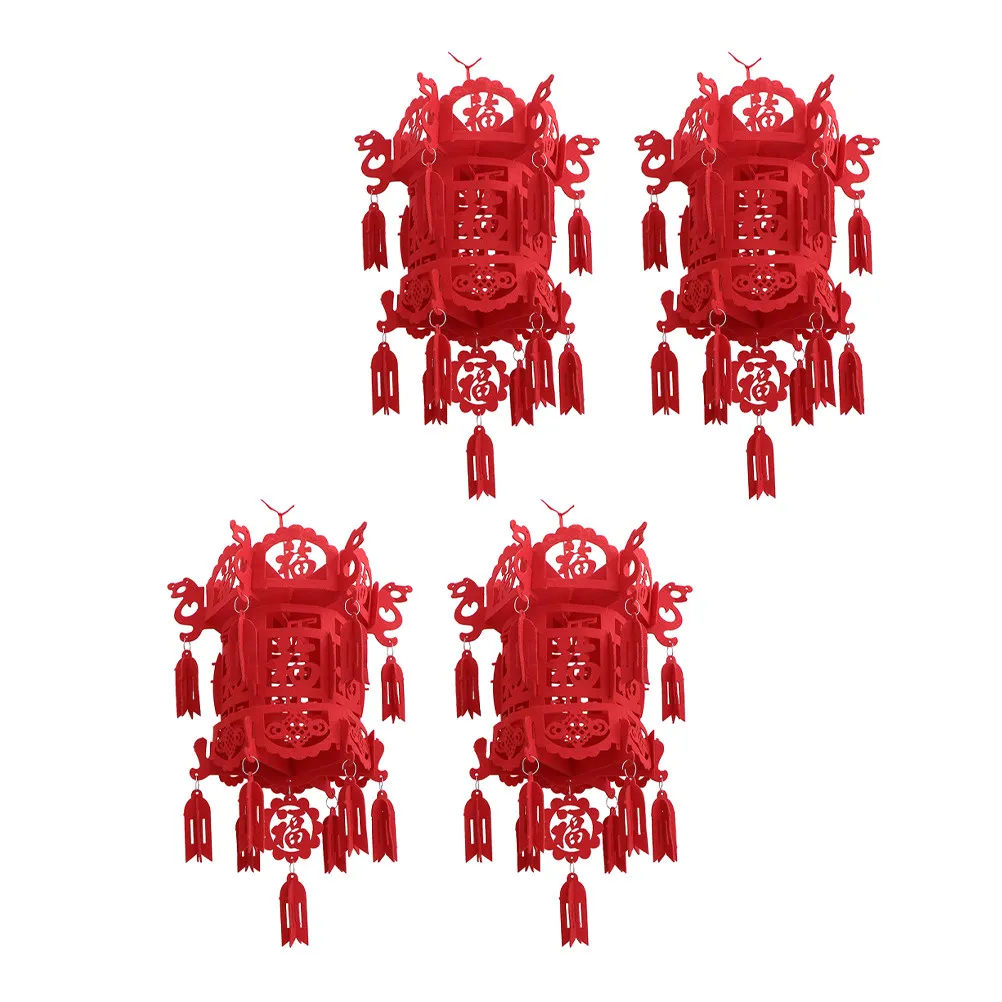 4pcs Chinese New Year Hanging Decor Non Woven Lantern Red Fu Character Festival Blessing Craft Home Office Decoration Spring