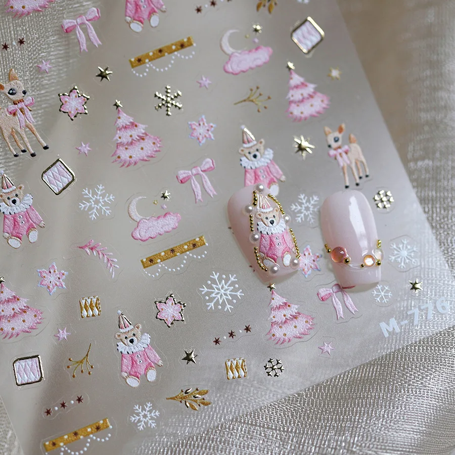 Pink Snowflake Christmas Nail Stickers Small Stickers Cute Gilding Embossed Adhesive Decor Nail Art Stickers DIY Manicure Decals