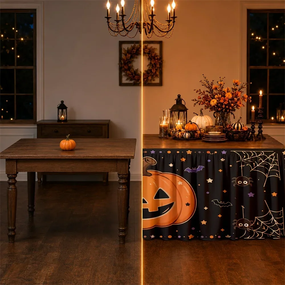 Send a tablecloth and table skirt 1 piece. Halloween. Pumpkin. Spider web. Stars. Bat. Decoration. Polyester.xzj