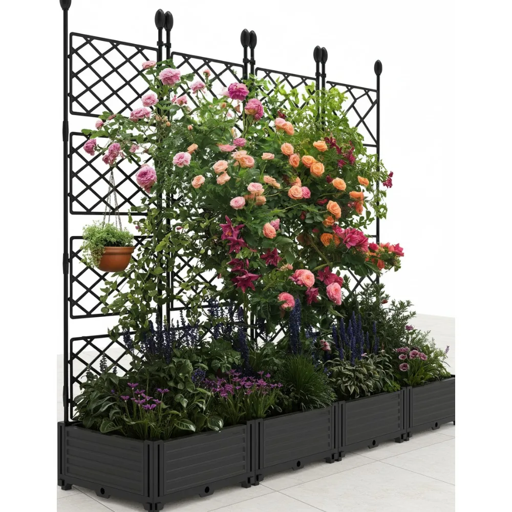 

4-Tier Stackable Vertical Garden Bed with Trellis - Space-Saving Planter for Balcony Privacy, Vegetables & Flowers