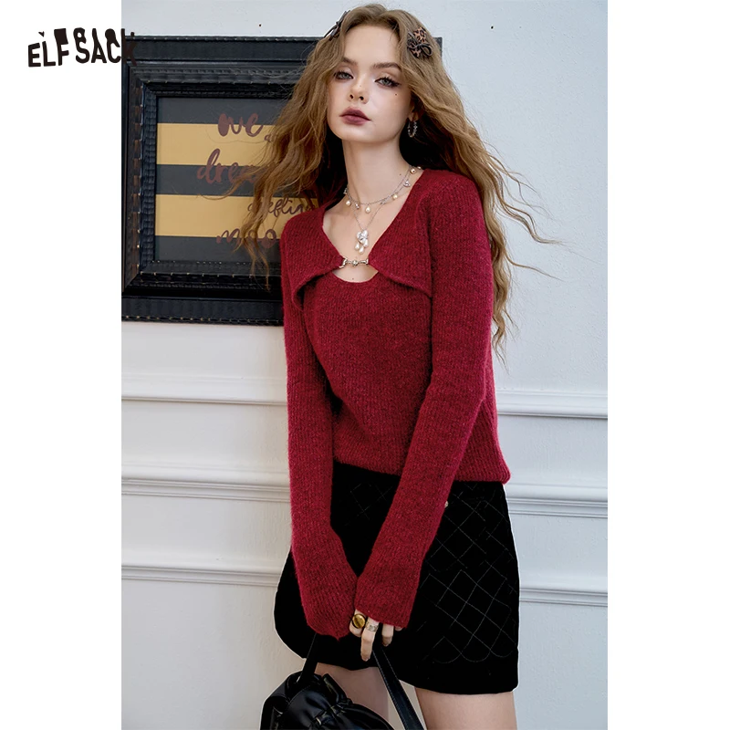 

ELFSACK 2025 Winter New Arrivals Casual Halloween Elegant Fake Two Piece Long Sleeve Knitted Sweater For Woman