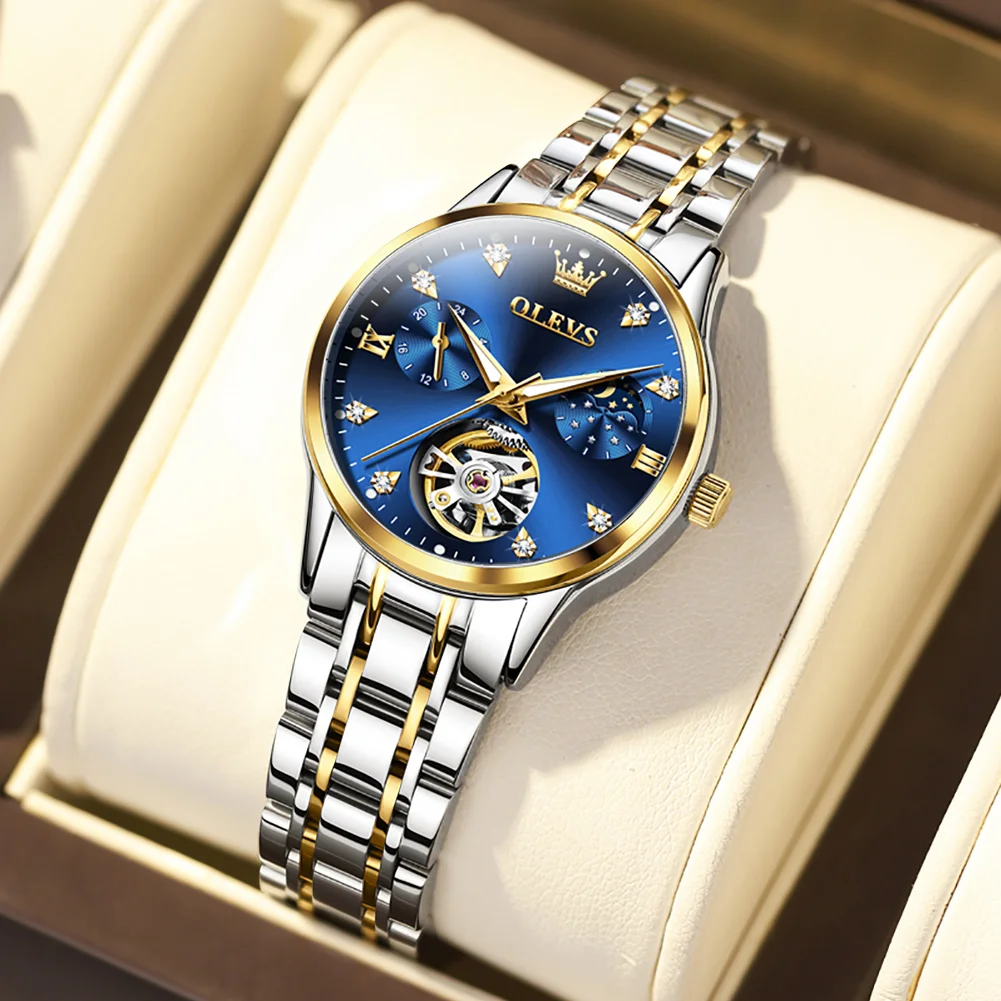 OLEVS Damenuhren, luxuriös, Tourbillon-Stil, originelle automatische mechanische Uhr für Damen, wasserdicht, leuchtende Damenuhr