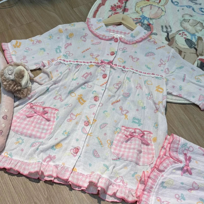 Summer New Pink Women's Top Bow Lace Stringy Selvedge Shorts Fruit Embroidered Cute Sweet Thin Doll Collar Pajamas Suit Ladies