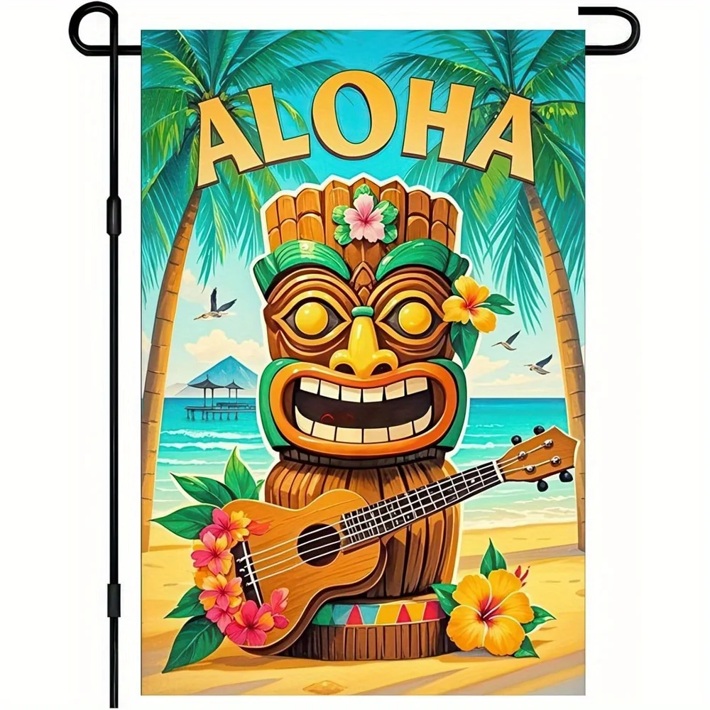 Aloha Garden Flag Summer 12x18 Inch Unilateral Tiki Bar Hawaii Tropical Luau Hibiscus Banque Yard Flag Beach Party Outdoor
