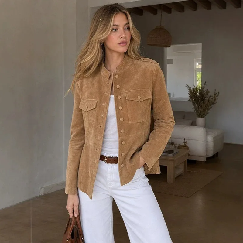 Siren Chic 2026 Autumn Winter Vintage Faux Suede Stand Collar Single Breasted Slim Fit Cargo Coat With Pockets Retro Streetwear