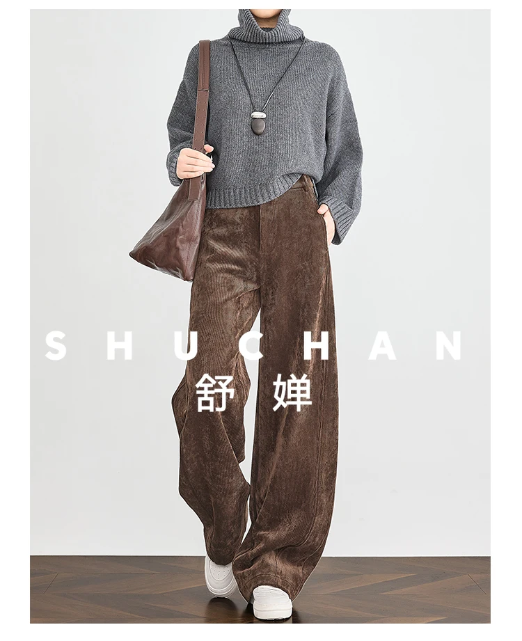 

Fleece Winter 2025 Brown Vertical Stripes Lengthened Banana Pants Slack Scimitar Wide-leg Pants