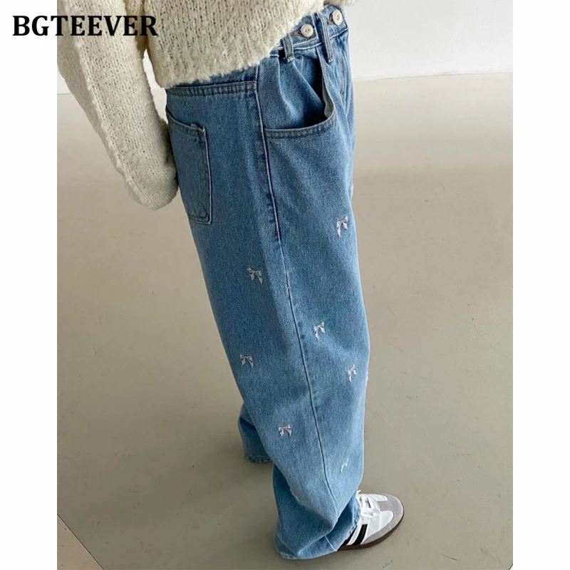 BGTEEVER Stylowe Luźne Spodnie Jeansowe z Szerokimi Nogawkami, Kieszeniami i Haftem, Damskie Wiosenno-Letnie Casualowe Jeansy z Wysokim Stanem