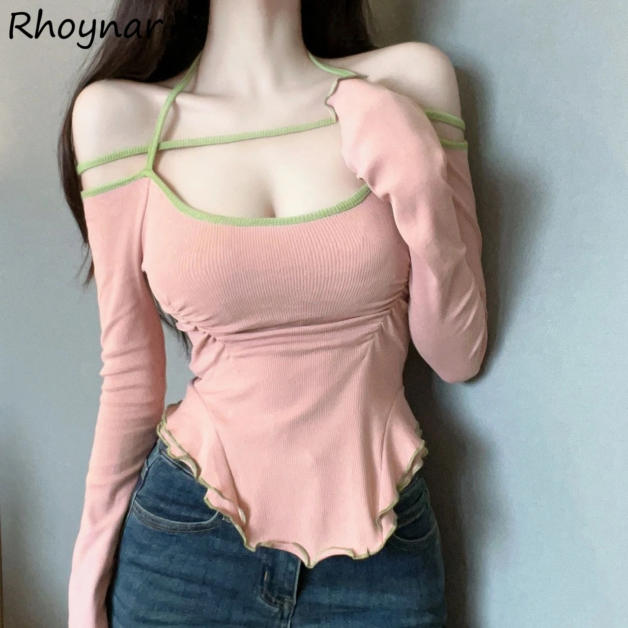 Sexy Slash Neck T-shirts Women Summer Spicy Girls Streetwear Pure Basic Slim Fit Tops Korean Style Design Pleated Attractive Ins