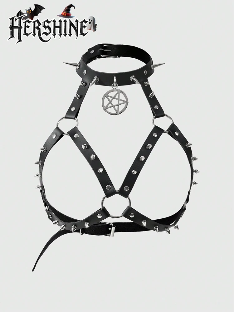 HERSHINE 1 pezzo da donna con pentagramma per unghie a punta nera, cinturino pettorale avvolto al collo, accessorio di Halloween in stile scuro Y2K