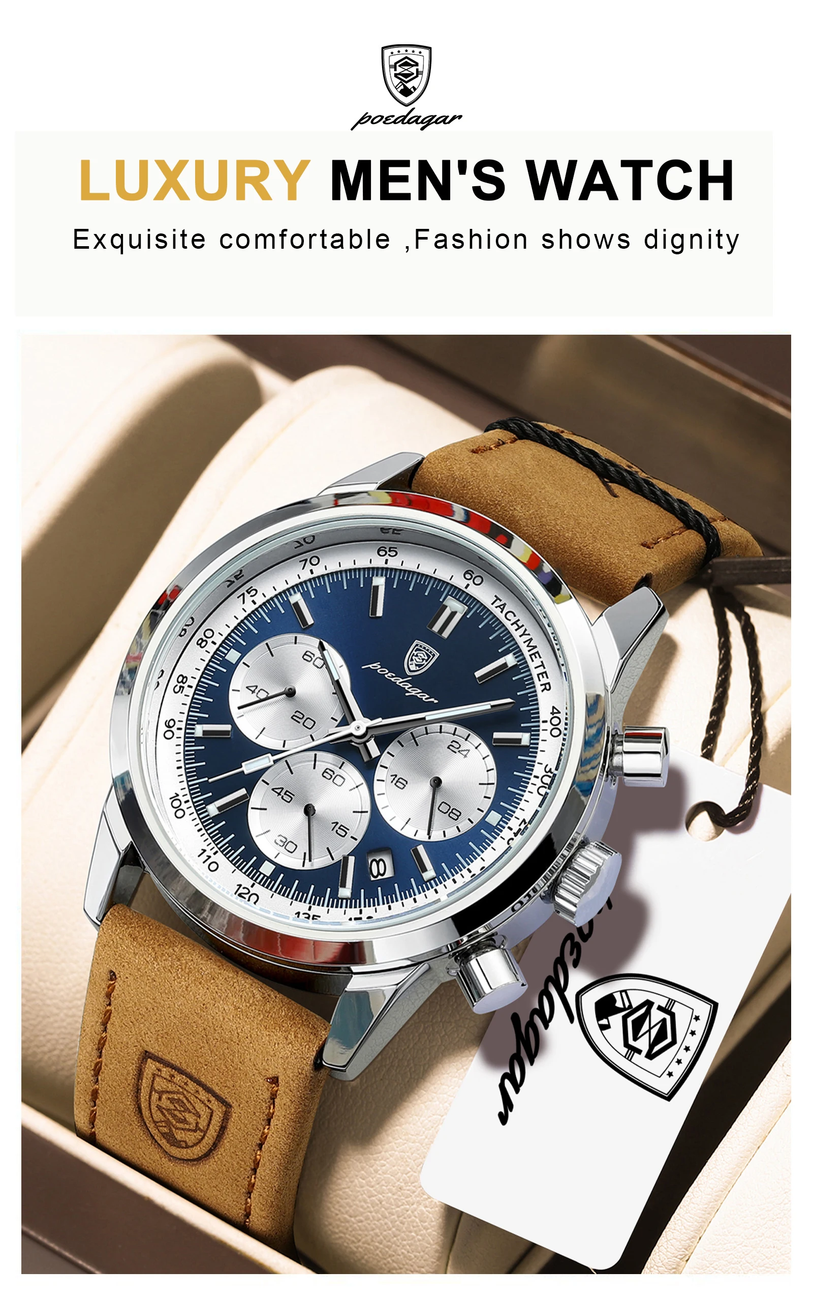 POEDAGAR Modische Herrenuhr Wasserdicht Leuchtend Leder Casual Herren-Armbanduhr Chronograph Hochwertige Herren-Quarzuhren Reloj – Detail 13