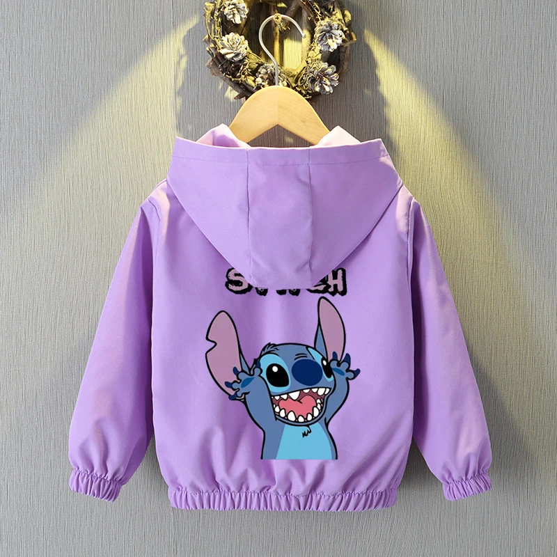 Lilo and Stitch Kids Girls Hooded Jacket Coat 2024 Autumn Children Cartoon Zipper Long Sleeve Casual Clothing Baby Boy Outerwear