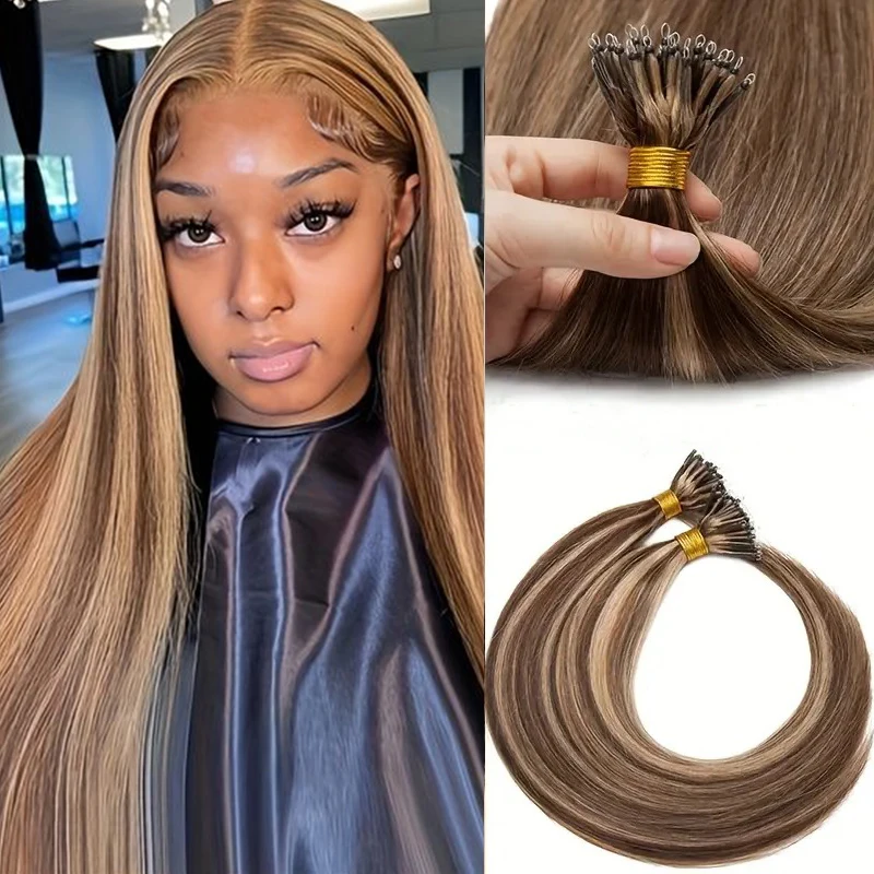 22inch Nano Rings Tip Human Hair Extensions Real Human Hair Straight Human Hair Extensions P4/27 Nano Rings Tip Extensions