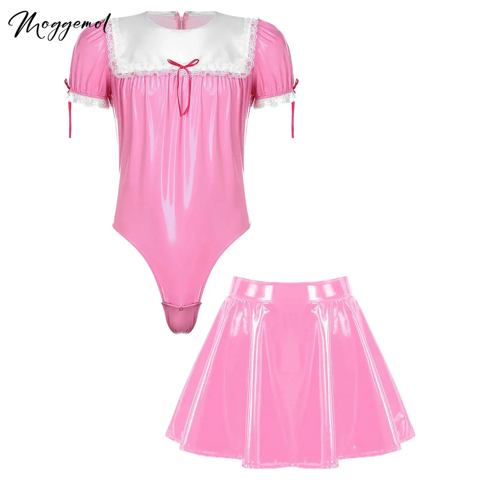 Mens Sissy Crossdresser Maid Costume Latex Shiny Lather Puff Sleeve Lace Trim Zipper Back Bodysuit with A-Line Flared Mini Skirt