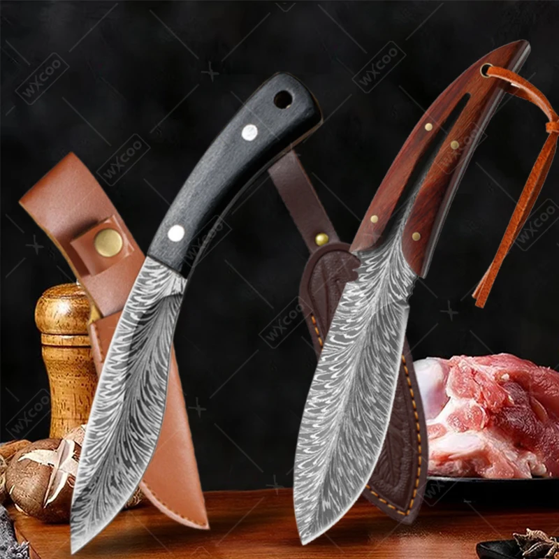 

Hand Forged Feather Pattern Boning Knife Stainless Steel Meat Cleaver Multi Steak Kitchen Knife Fruit Peeler BBQ Cooking Tools