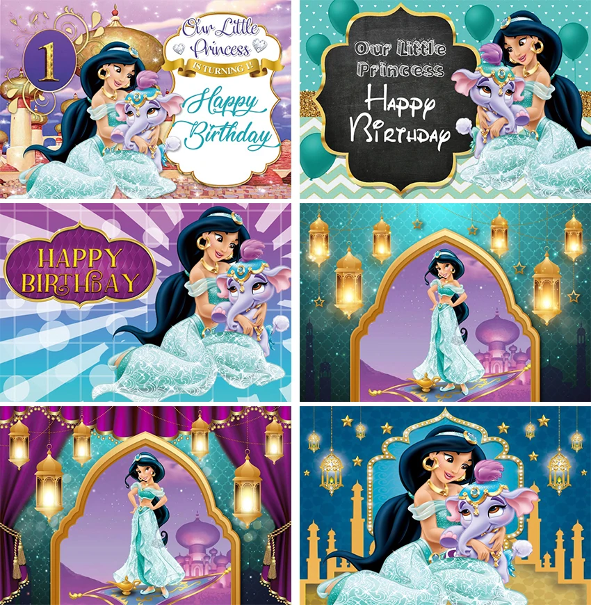 

Disney Aladdin Castle Jasmine Princess Backdrop Girls Birthday Party Photo Background Baby Shower Photocall Decoration Banner