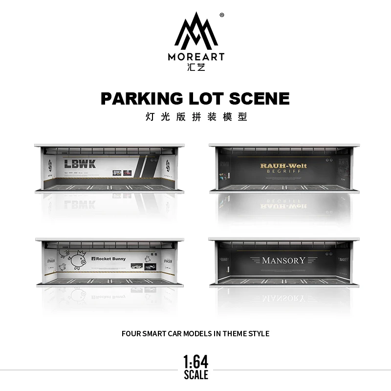 MoreArt 1:64  LBWK/RWB/Rocket Bunny/Mansory Garage Assembled Scene Diorama with Light Model Car Display