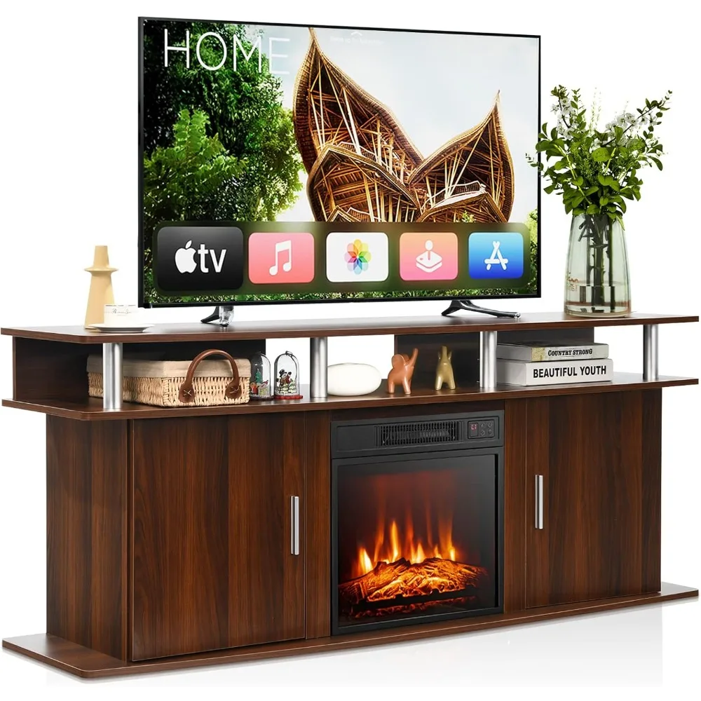 Fireplace TV Stand，with Built-in Thermostat, 6H Timer, Adjustable Flame & Heat, Remote Control, Electric Fireplace