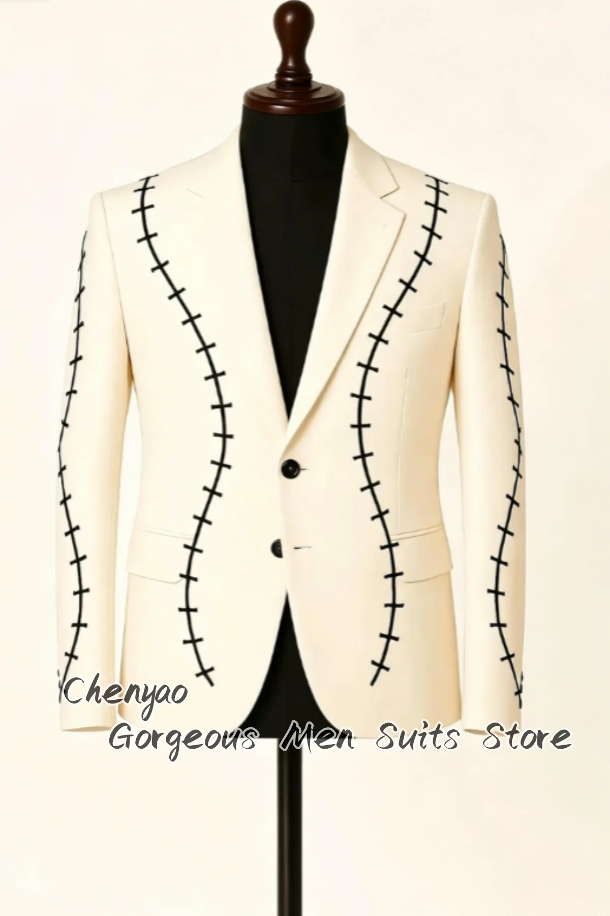Unique Black Bone Stitch Seam Embroidery Notch Collar Slim Men Suit Groom Tuxedos Customized Male Blazers 2Pcs ropa hombre