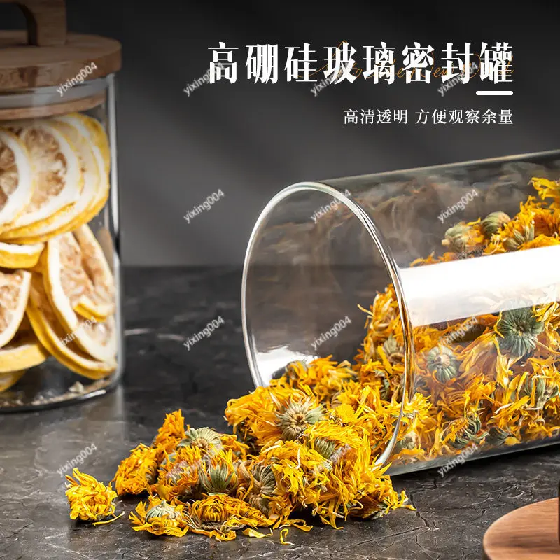 Glass Airtight Storage Jar With Acacia Wood Lid For Tea Flower Household Food Container