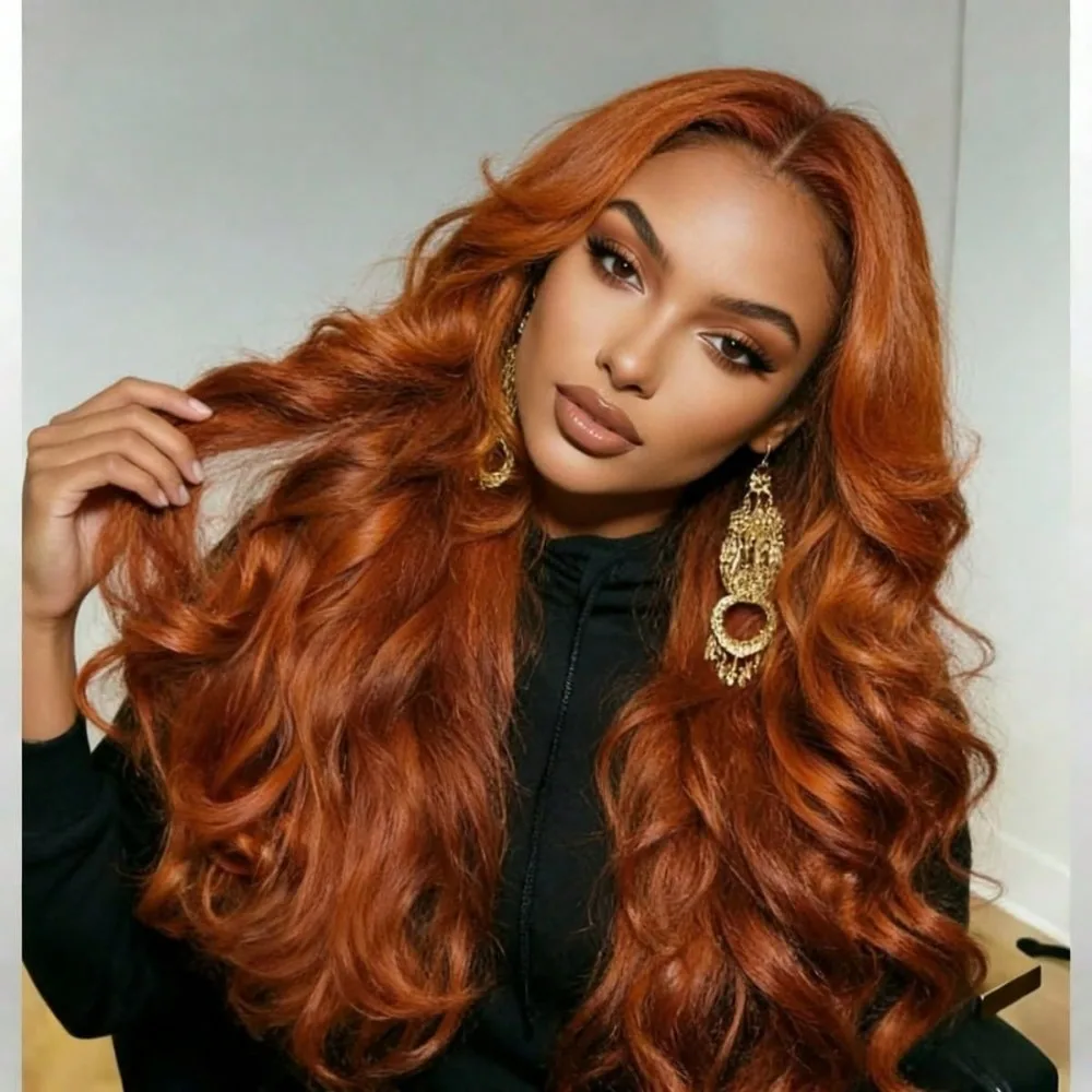 

Парик из натуральных волос 350 Ginger Orange, волнистый, с предварительно выщипанными прядями и детским волосом, кружевной фронтальный парик 13x4, парик с кружевной волной, плотность 200%
