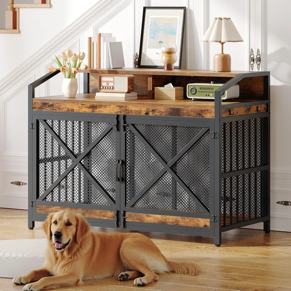 

43.3" Dog Crate Furniture, Heavy Duty Dog Kennel Indoor with Storage Shelves, Wooden Dog Cage with LED Lights, for Small/Medium