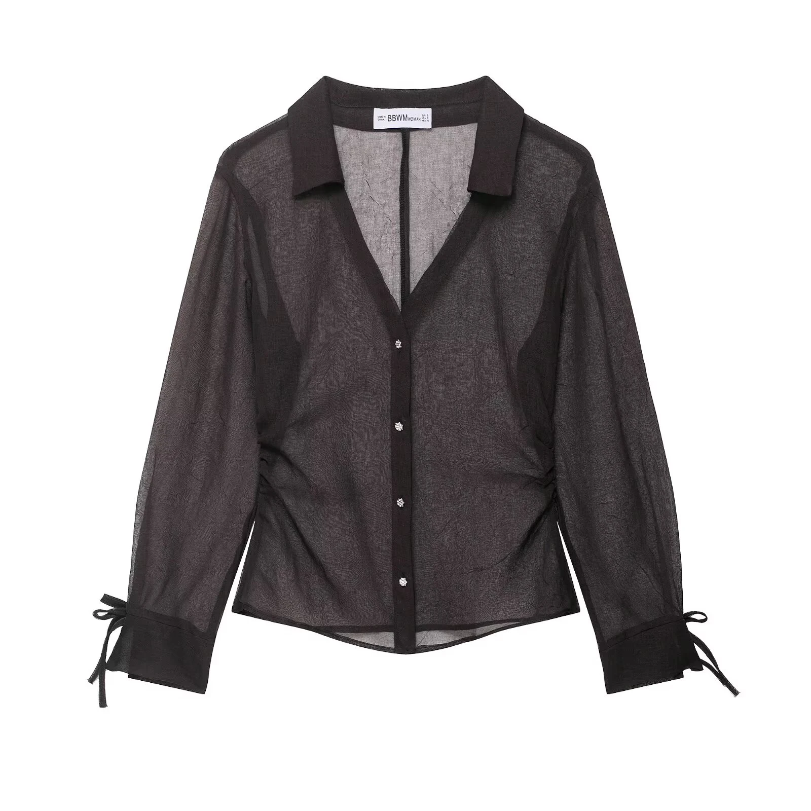 2025 autumn new women's clothing style simple V-neck long sleeved bow decoration semi transparent shirt