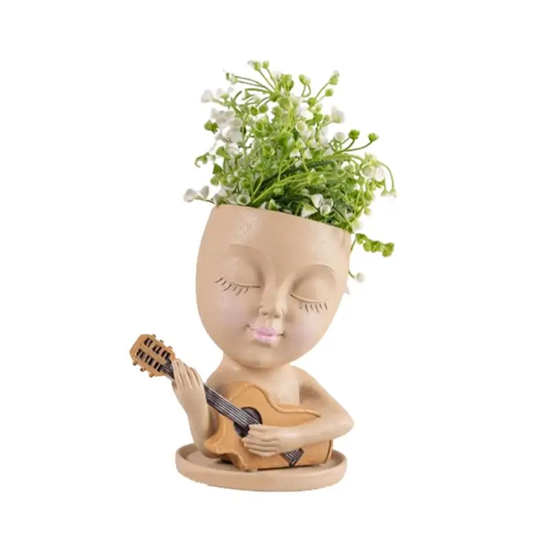 

Girl Face Flowerpot Resin Succulents Pots Vase Decoration With Drainage Hole Guitar For Living Room Indoor Flower Growing