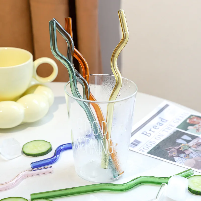 Reusable Glass Straws Wavy Colorful Clear Drinking Straw High Borosilicate Glass Straw Glass Tube Party Favors Bar Drinkware